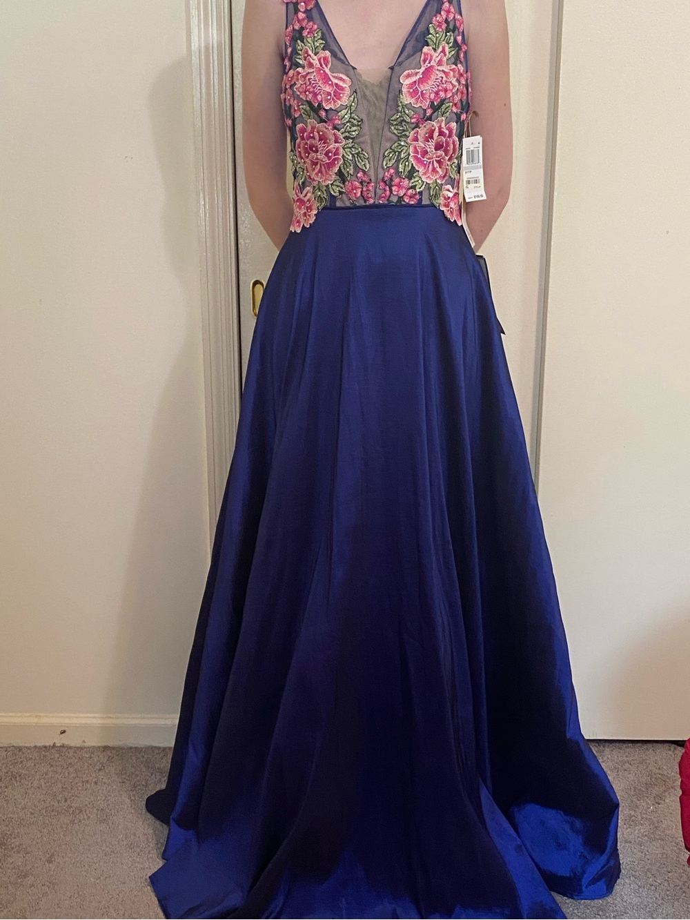 Floral Embroidered Bodice Navy Prom Dress size 1 y2k organza formal gown NWT